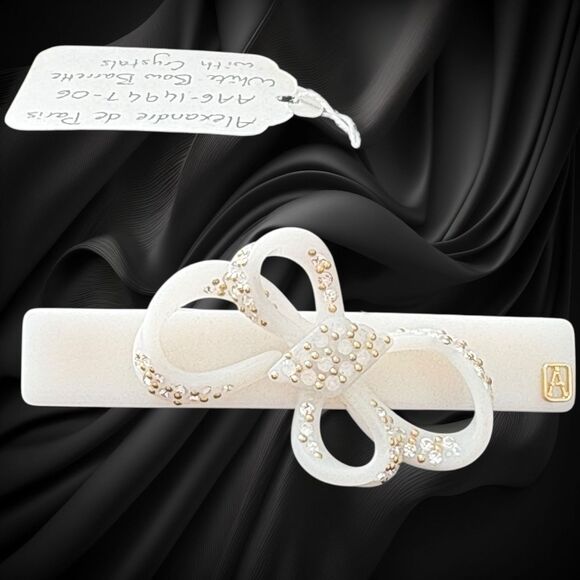 Alexandre de Paris Crystal Bow Barrette 3” White Made in France Luxury Hair Clip main image 5